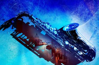 Reimagined banner with saxophone and blue background
