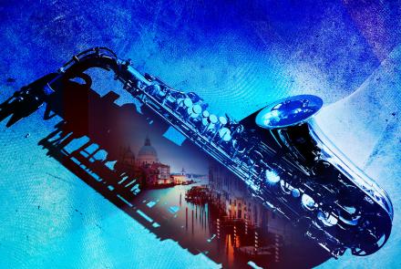 Reimagined banner with saxophone and blue background